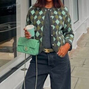 NWOT Zara Knit Diamond Jacquard Cardigan Green Multicolor Size Small